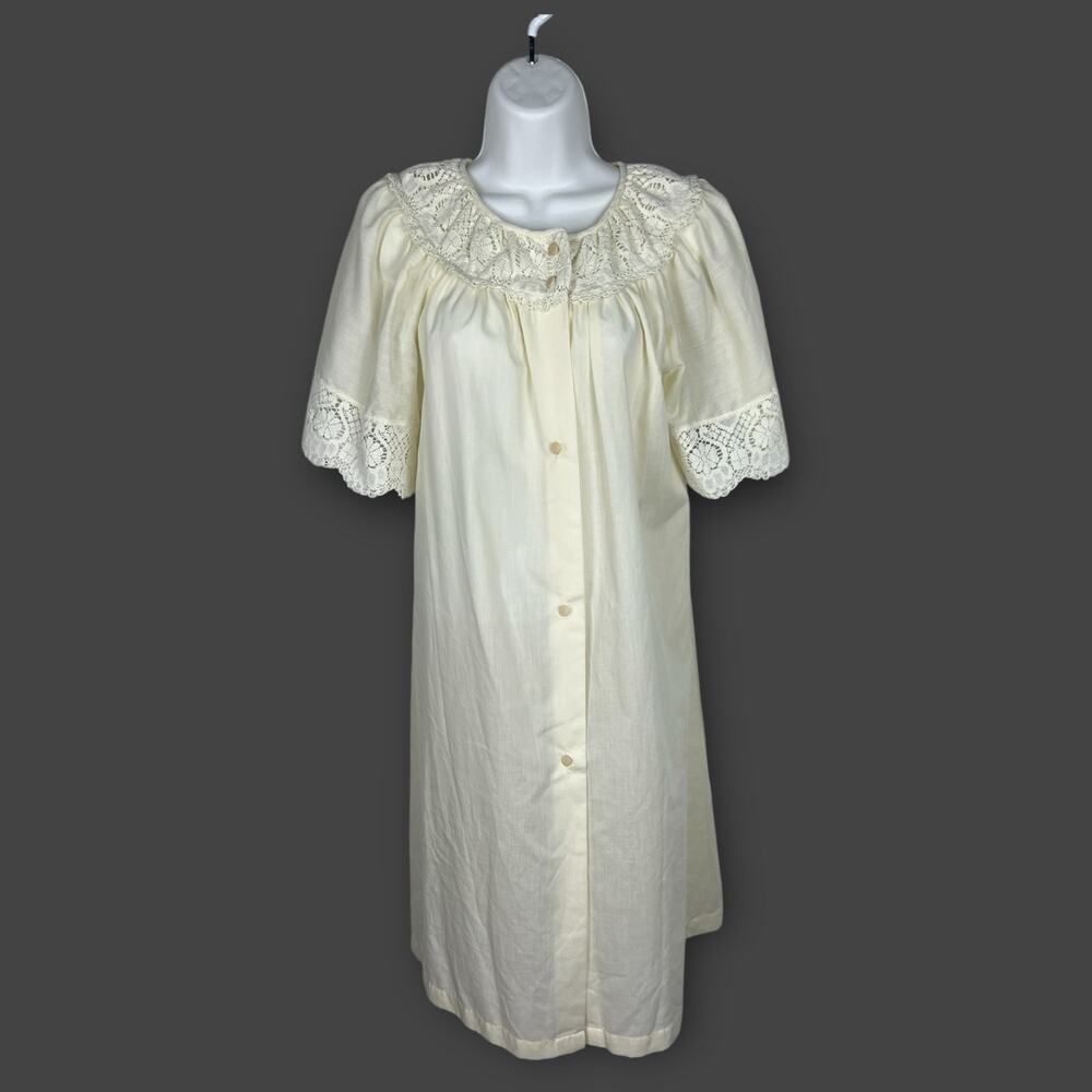 Vintage Yellow Gilead Lace Button Front House Robe‎ Dress Coat Granny Chic Small